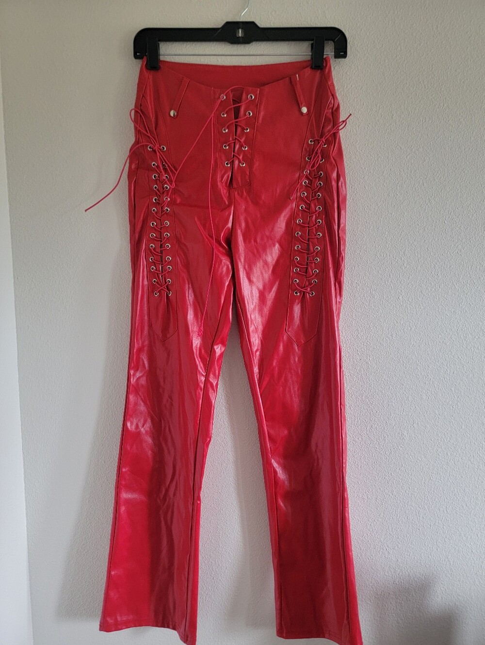 Amazon Red Faux Leather Lace Up Flare Pants Size Small